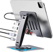 7-in-1 Adjustable Tablet Stand with USB-C Hub, 4K HDMI, PD100W, SD/TF & Audio Po