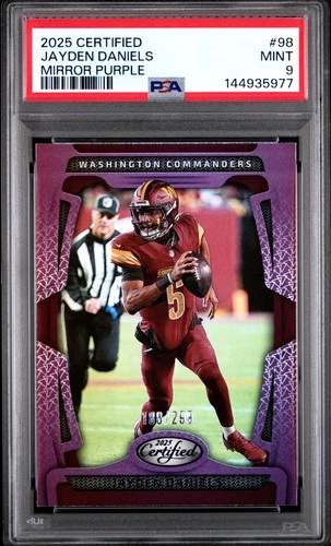 2025 PANINI CERTIFIED MIRROR PURPLE #98 JAYDEN DANIELS 188/299 PSA 9