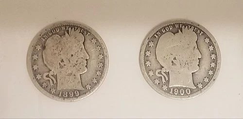 1899 & 1900 BARBER QUARTERS - BOTH COINS ARE 90% SILVER & 10% COPPER.