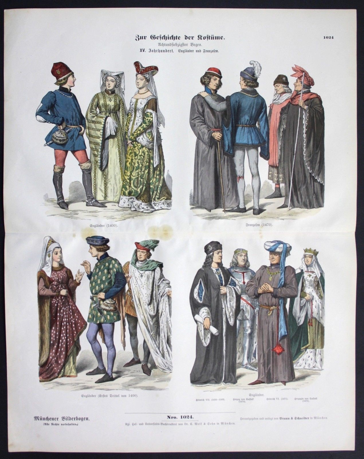 1890 Francia Inglaterra Siglo XV Disfraces Trajes Traje Münchener Bilderbogen