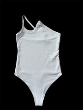 Abercrombie Fitch Asymmetrical One-Shoulder Ribbed Thong Bodysuit White XS