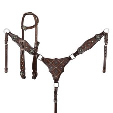 Cowboy's Weave Copper & Turquoise Studs Headstall & Breast Collar & Reins NEW
