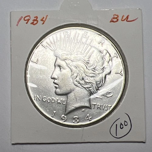 1934 Peace Silver Dollar Marked BU From Old Collection