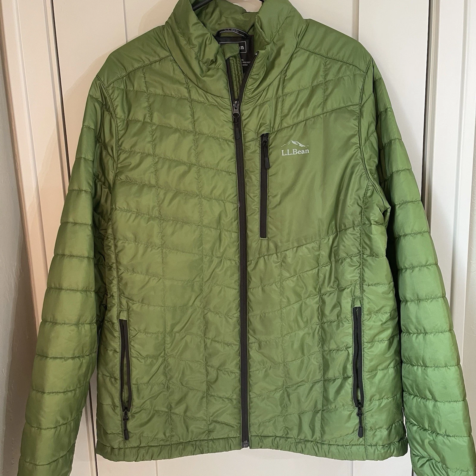 LL Bean Jacket Mens Large Green Full Zip Primaloft Packaway Quilted Jacket Light