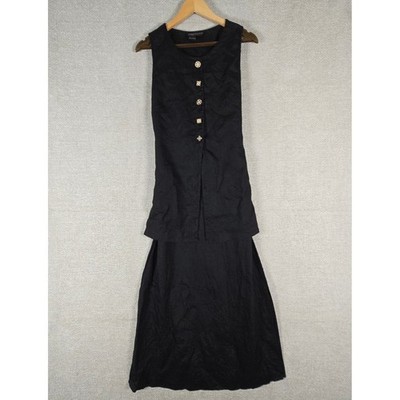 Carole Little Black 100% Linen Faux 2-Piece Vest Maxi Dress Sun Buttons Sz 12