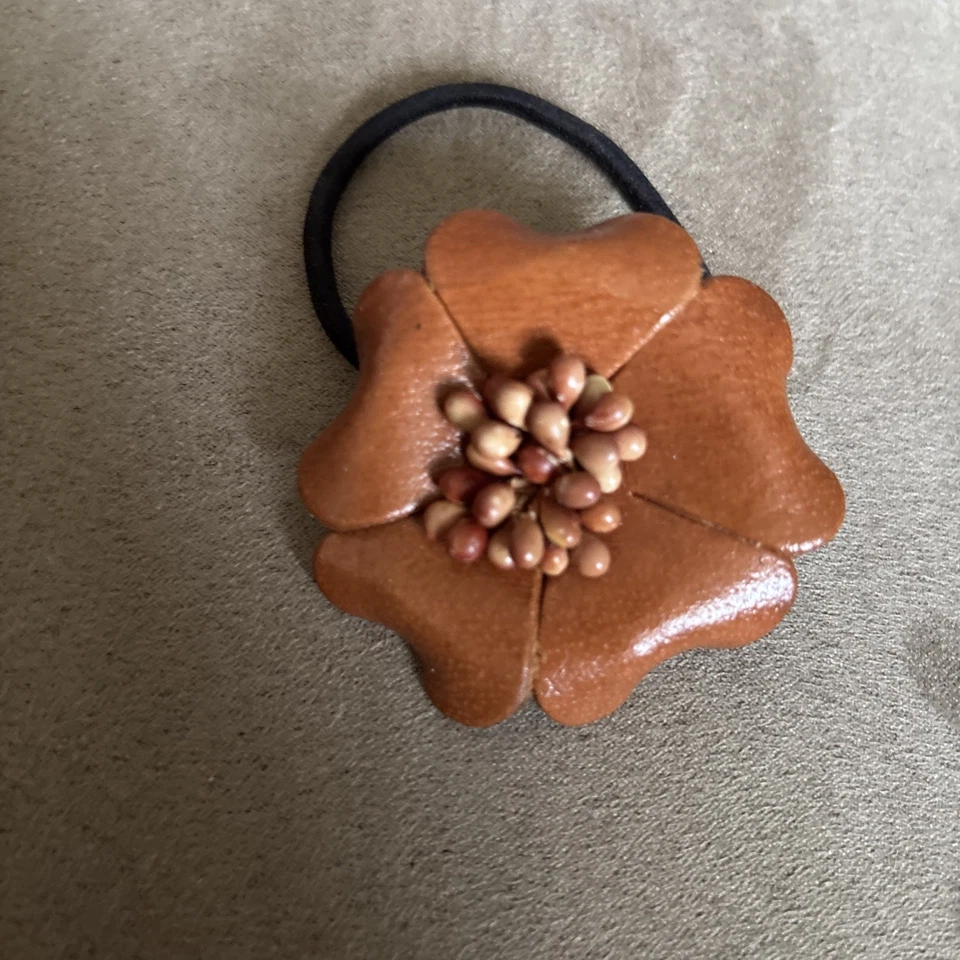 Vintage ponytail holder leather flower 70s hippie style accessory  - Image 2 of 4
