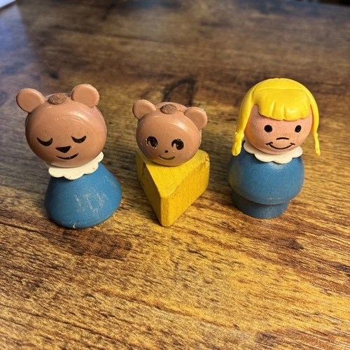 Vintage 1967 Fisher Price Wood Goldilocks Little People 2 Bears Goldilocks