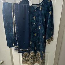Blue Chiffon Pakistani Salwar Kameez Suit w/ Dupatta for Women, Size M
