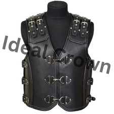 Men  s Thick Real Leather Biker Vest Chopper Steampunk Leather Waistcoat-All Size