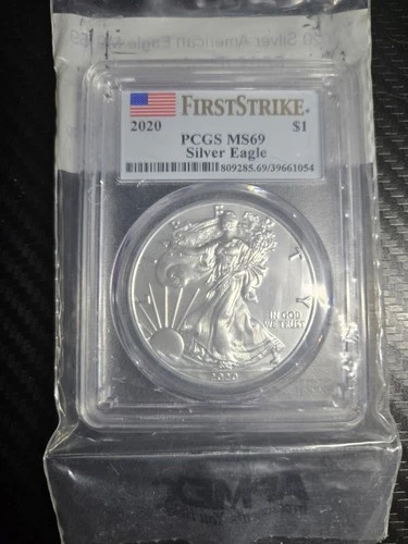 2020 Silver Eagle PCGS MS69, FIRST STRIKE FLAG LABEL 1 Oz 1oz ounce .999 Fine