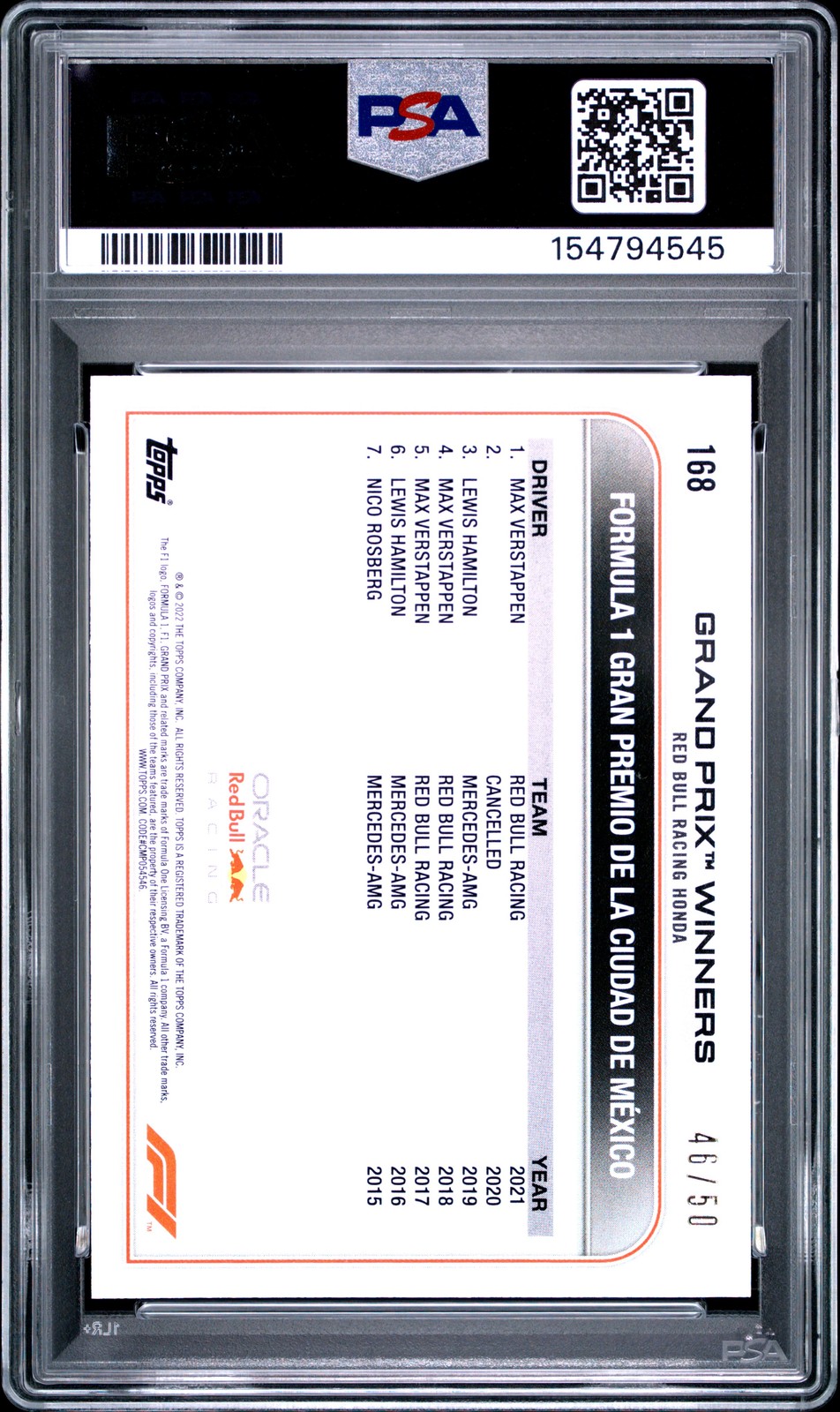 2022 TOPPS FORMULA 1 GOLD #168 MAX VERSTAPPEN 46/50 PSA 6 view 2
