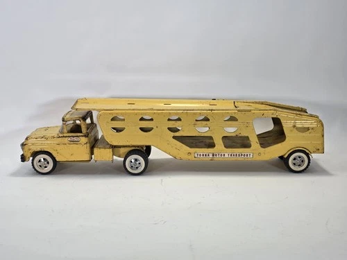 Vintage 1960's Tonka Motor Transport Truck & Trailer Pressed Steel Yellow