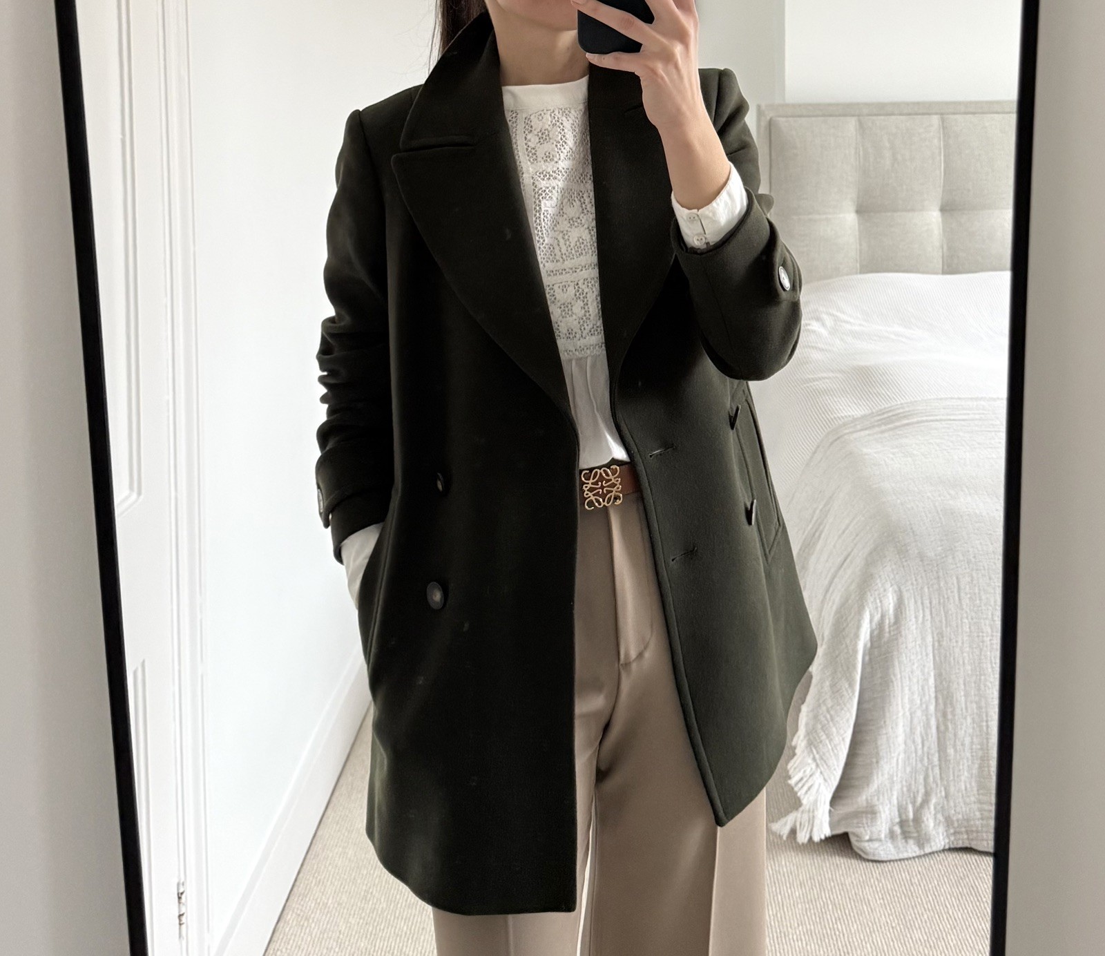 Reiss Felix Double Breasted Wool Peacoat Khaki Green UK 10