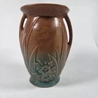 McCoy Arts & Crafts vase brown-green matte glaze floral relief 2-handle vintage