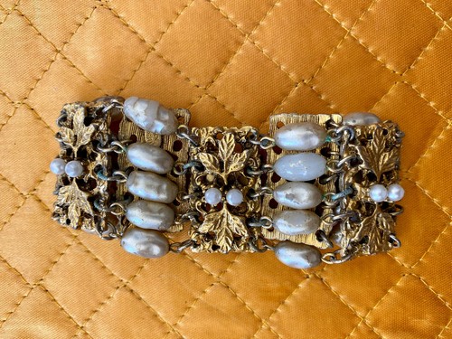 Vintage Perlenarmband goldfarben breit Panel signiert Celebrity NY - Bild 3 von 9