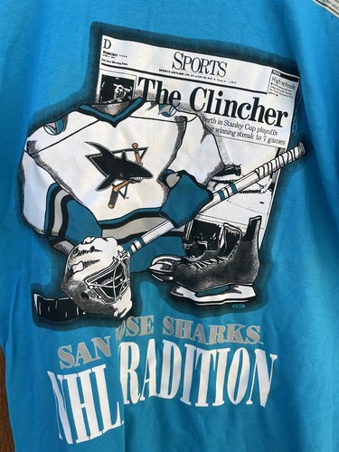 Vintage 90s San Jose Sharks Short Sleeve T Shirt Size L Color Teal Blue NHL - Picture 2 of 4