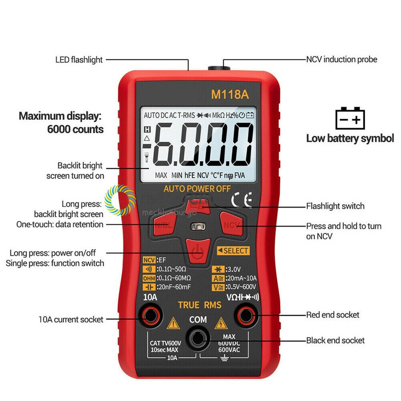 AC/DC True RMS Digital Multimeter Amp Ohm Voltage Resistance Tester Meter