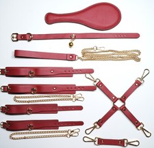 Luxurious 8 Pieces Black Red Fetish BDSM Bondage Set Leather Restraint Kit
