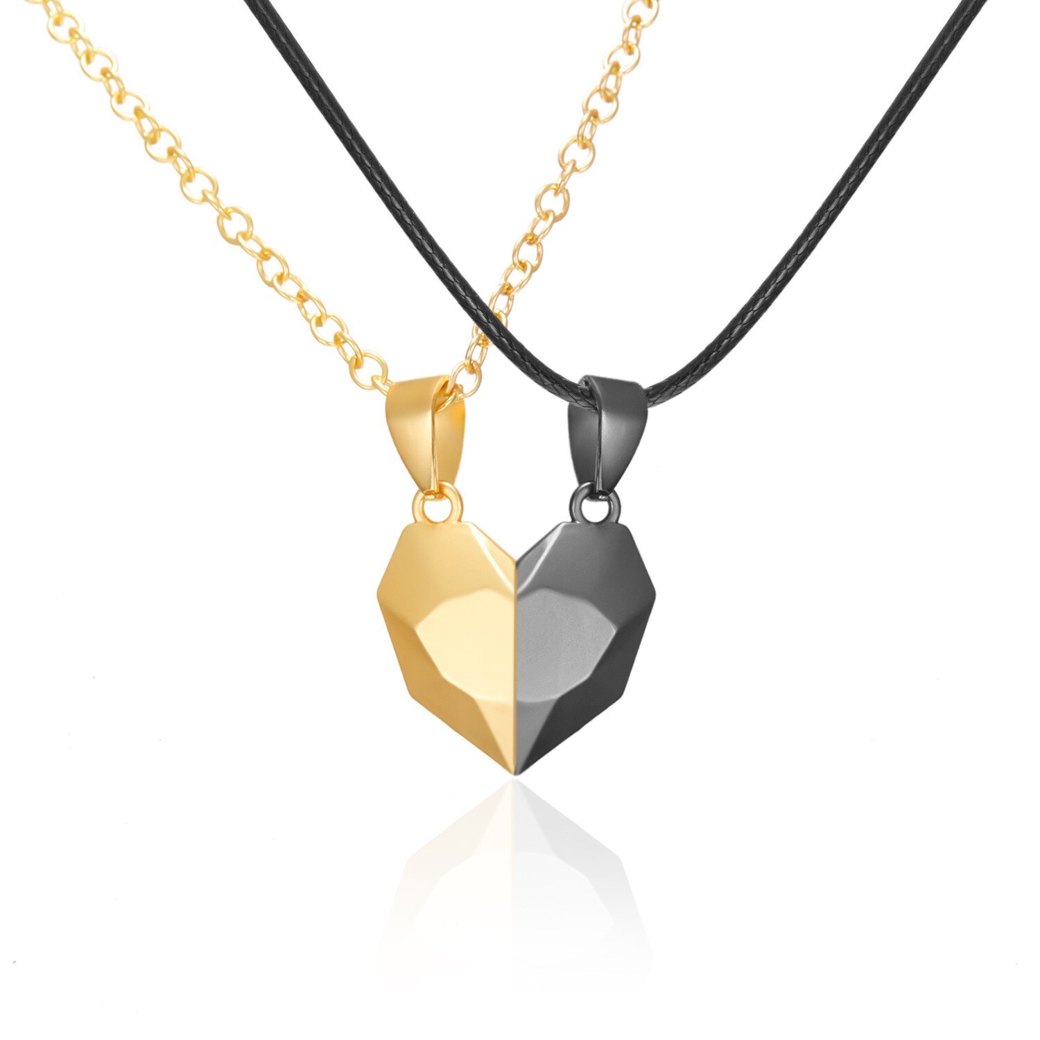 Heart Magnet Necklace Set for Couple - Gold W/ Black, Great Gift, Anniversary