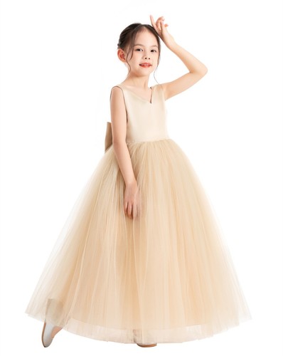 Wedding V-Back Satin Flower Girl Dress Ball Gown Pageant Dress Ivory Tulle Dress - Picture 24 of 29