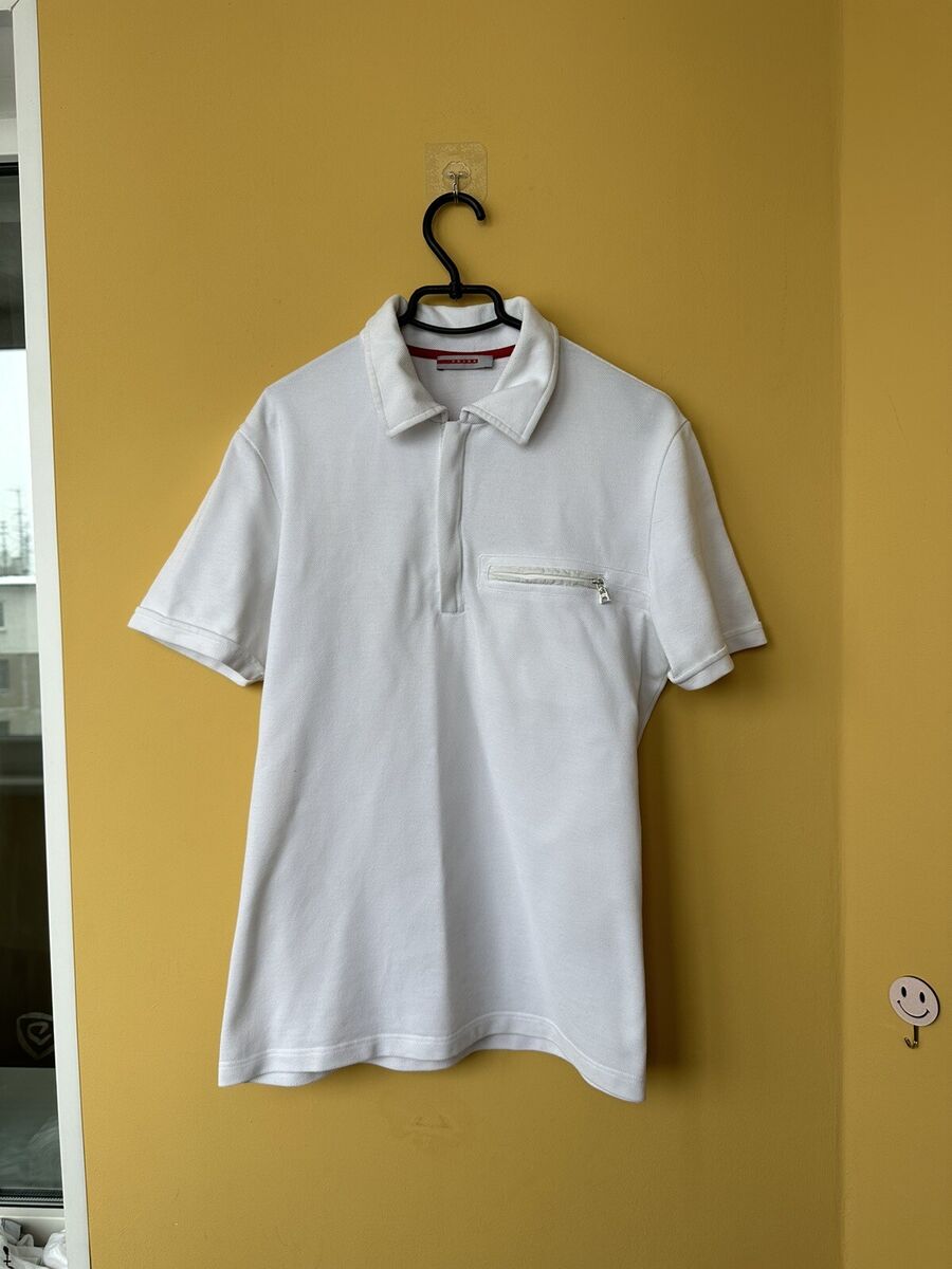 Prada Polo Shirt Mens white Half Zip Athletic Short Sleeve Prada Polo Shirt Mens white Half Zip Athletic Short Sleeve
