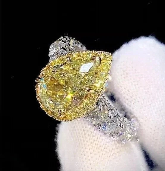 2 克拉梨实验室制造的金丝雀黄色钻石结婚戒指 14K 镀白金 — 第 2/3 张图片