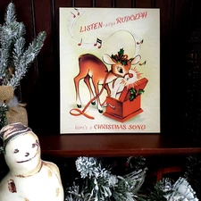 OLD SHABBY KITCHY RETRO VINTAGE PRIMITIVE STYLE CHRISTMAS RUDOLPH REINDEER SIGN