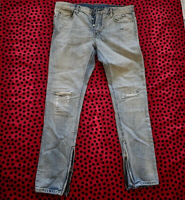 New Men's Mnml Blue White Denim Acid Wash Straight Jeans Size 36
