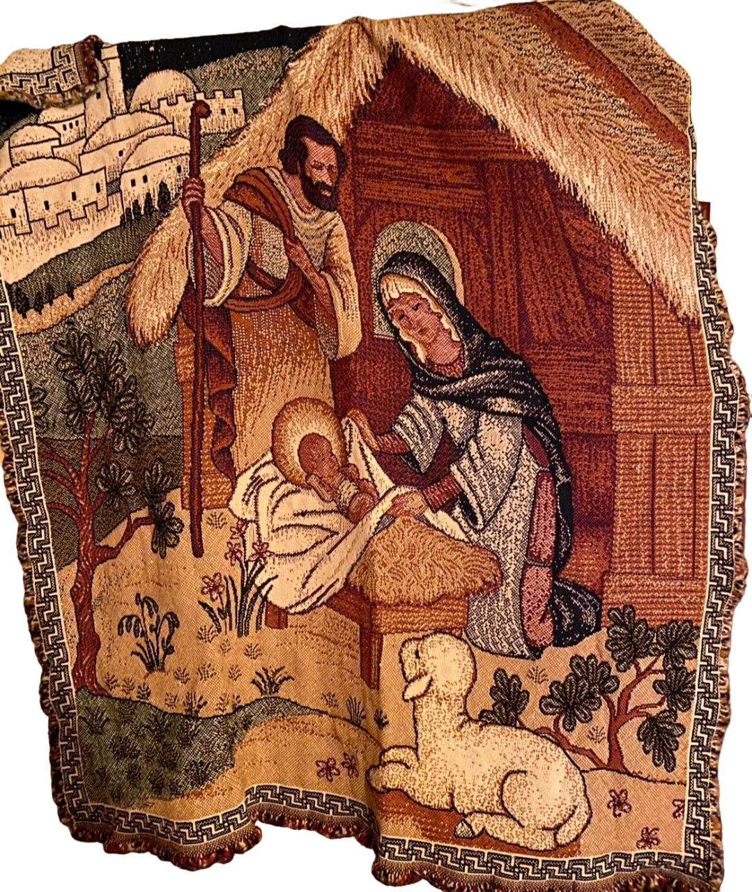Nativity Scene Throw Tapestry Sz 56"X49" Christmas Bethlehem FRAYING IN CORNERS