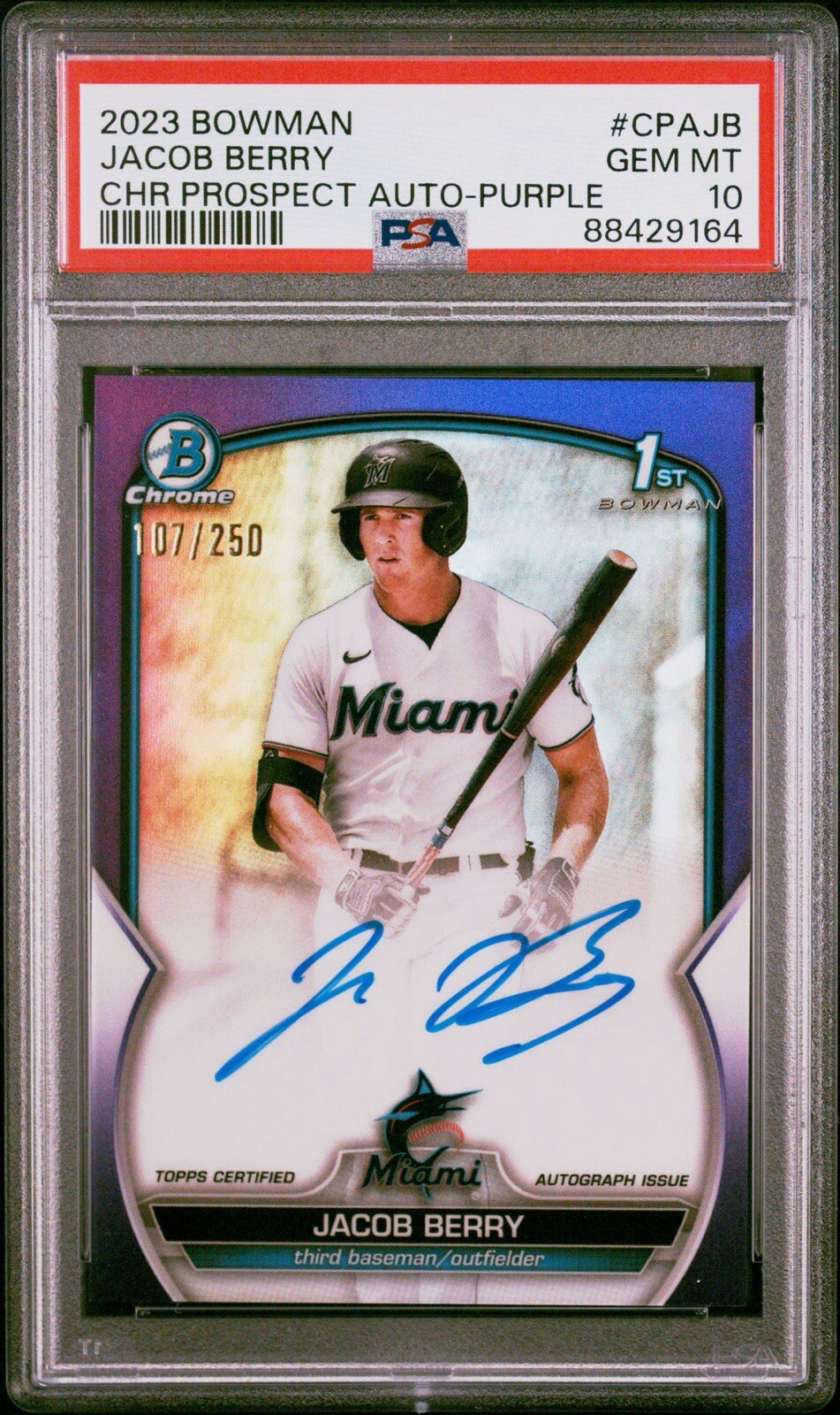 JACOB BERRY 2023 Bowman Chrome 1st Purple Auto /250 PSA 9 Marlins #CPAJB