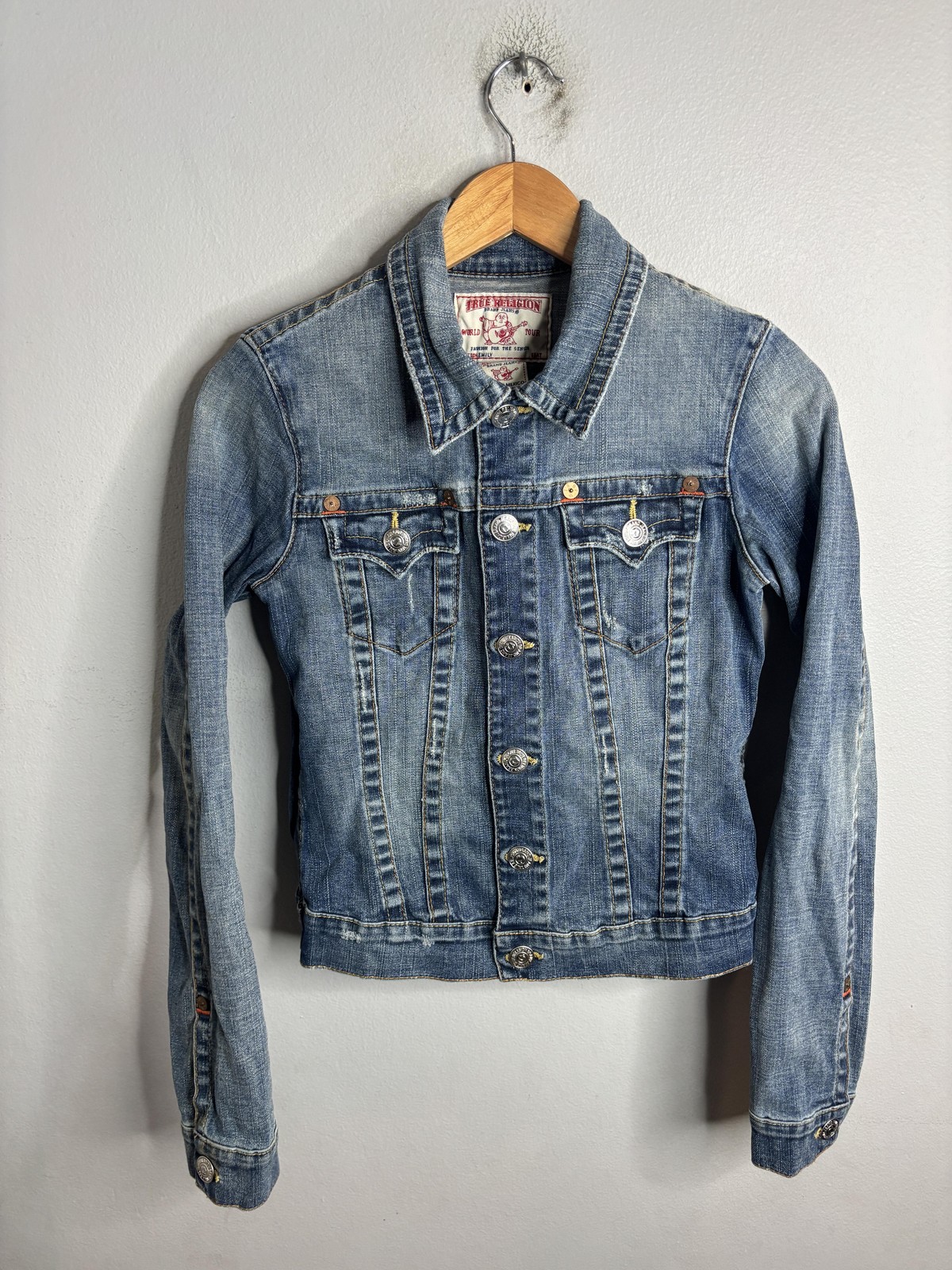 True Religion Jacket Womens Medium Blue Denim Trucker Button Front Western Jean