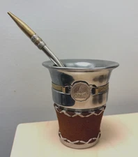 Handmade Steel MATE Gourd -steel STRAW w/ GUARDA PAMPA+ ARGENTINA Coin = GIFT