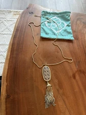 Kendra Scott Gold Filigree Tassel Logo Long Chain Fringe Pendant