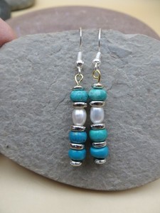 Natural Blue Turquoise & White Pearl 925 Sterling Silver Hook Earrings #1254