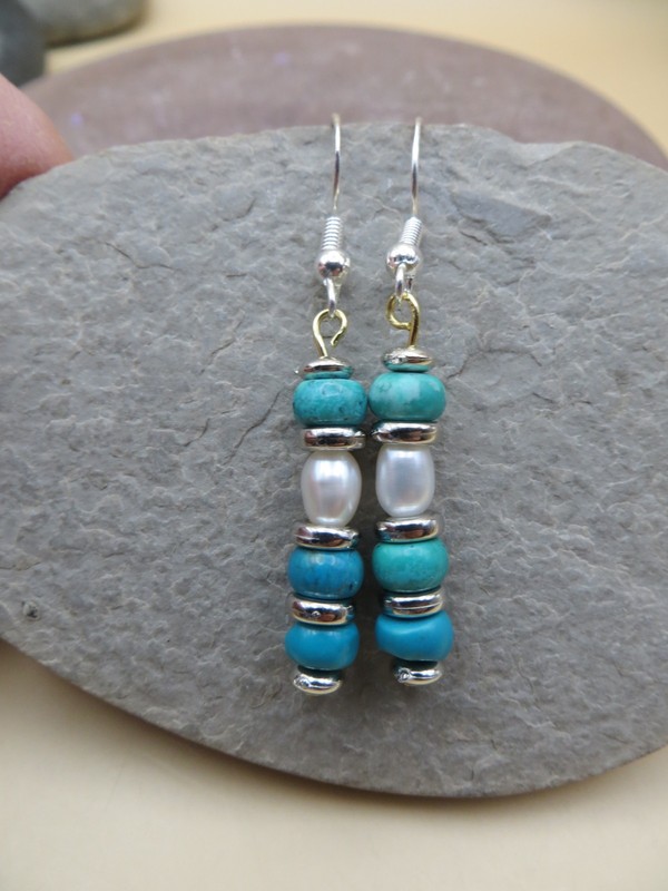 Natural Blue Turquoise & White Pearl 925 Sterling Silver Hook Earrings #1254