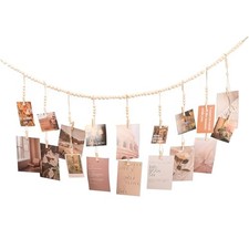 Hanging Photo Display with 18 Wood Clips, Boho Wooden Bead Wall D cor for
