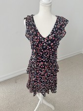 Michael Kors Navy Pink Floral Ruffle Fit & Flare Dress Sleeveless V-Neck XS