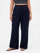 NWT GAP High Rise Pleated LINEN Wide-Leg BOHO Trouser Navy Blue Pants Size 14