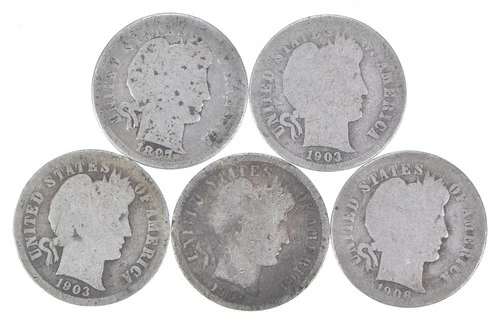 Better Lot 5 1897 1903-O 1903-O 1906-S 1906-O Barber Dime 0.50 Face *217