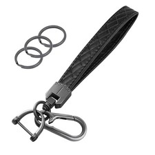 Leather Wristlet Keychain,Car Key Chain Wrist Keychain with 3 Key Ring Black
