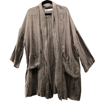 Zara 100% Linen Open Front Kimono Cardigan Womens XS-S Brown Gauze