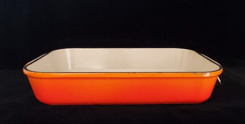 LE CREUSET ORANGE CAST IRON ENAMELED RECTANGULAR ROASTING DISH METAL WIRE HANDLE