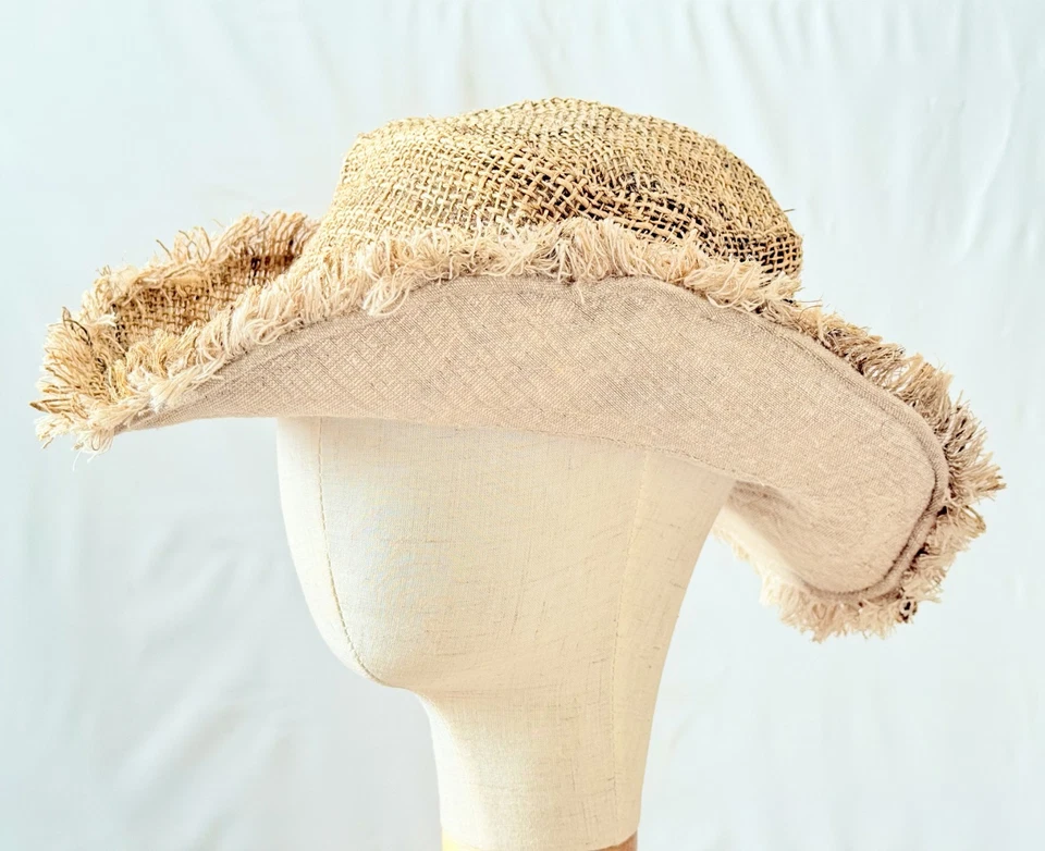 Sombrero de playa natural de cáñamo para sol, sombrero boho hippie de cáñamo, sombrero de playa liso unisex Foto 3 de 4