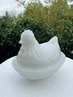 Vintage White Milk Glass Chicken Hen on Nest Candy Dish with Lid Trinket Box