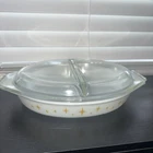 Pyrex Constellation Atomic Starburst Gold Divided Casserole Dish 1.5 qt With Lid