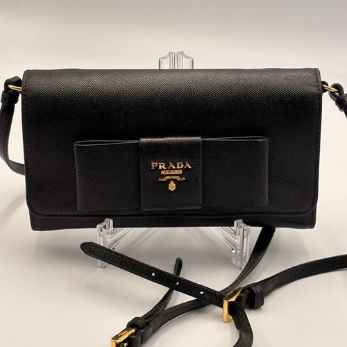 Prada Ribbon Chain Wallet, Saffiano Leather, Black, Gold Hardware
