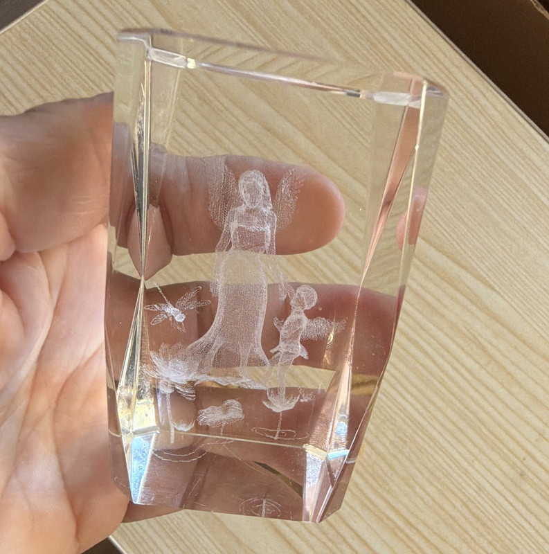 Clear Glass Paperweight Decorative Etched Angel Theme Desk Decor Accent