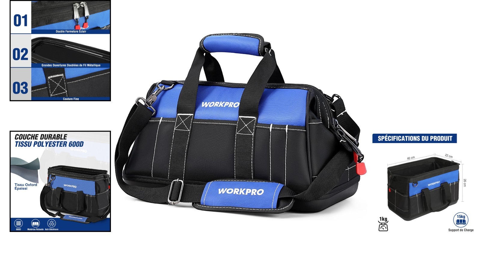 Sac à outils WORKPRO grande capacité 40 cm imperméable multi-poches