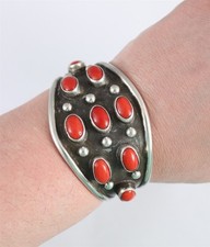 Vintage Southwestern Navajo Sterling Silver Red Coral Cabochon Cuff Bracelet