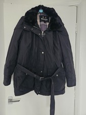 Barbour Ladies Black Quilted Jacket Belted Faux Fur Collar UK 20